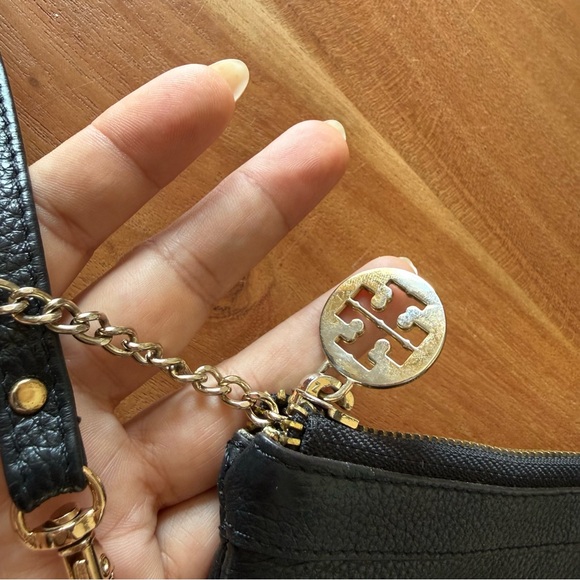 Tory Burch Black Leather Wristlet w/ Gold Logo | Classic Zip Pouch - Picture 6 of 8